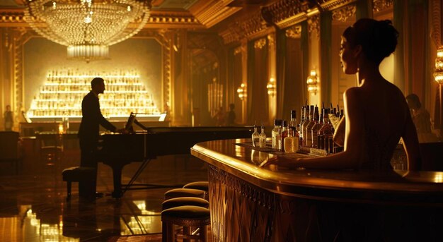 Photo a woman sitting at a bar in a dimly lit room