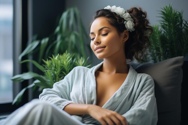 Photo a woman sitting in the bathroom in foam with a moisturizing mask on her face