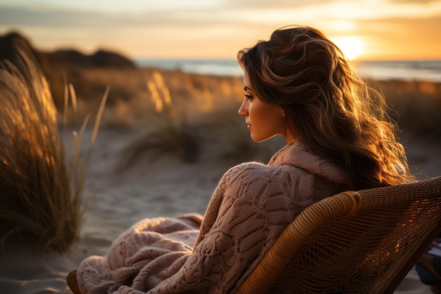 Woman sitting in a beach chair on a north coast with evening lights