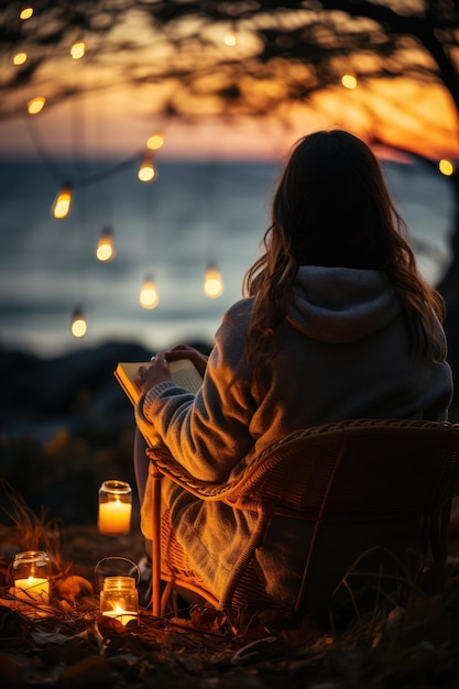 Woman sitting in a beach chair on a north coast with evening lights