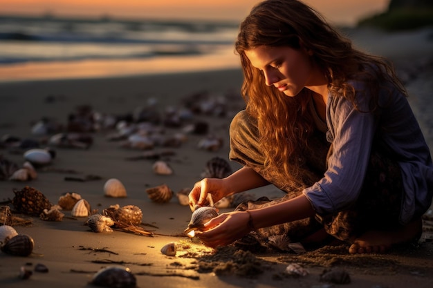 A woman sitting on the beach lighting a candle