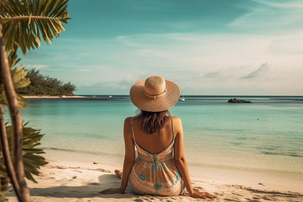 A woman sitting on a beach looking out at the ocean Generative AI image