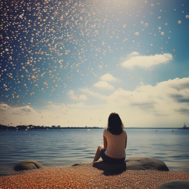 woman sitting on beach with colorful balloons woman sitting on beach with colorful balloons