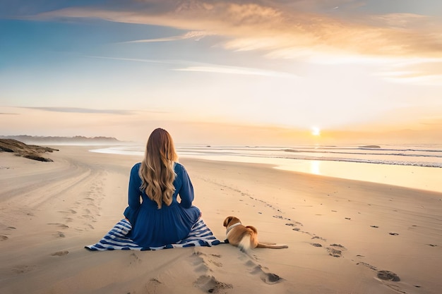 犬と一緒にビーチに座って夕日を眺める女性