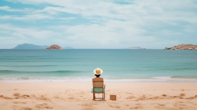 바다와 바다가 보이는 해변에 앉아 있는 여자