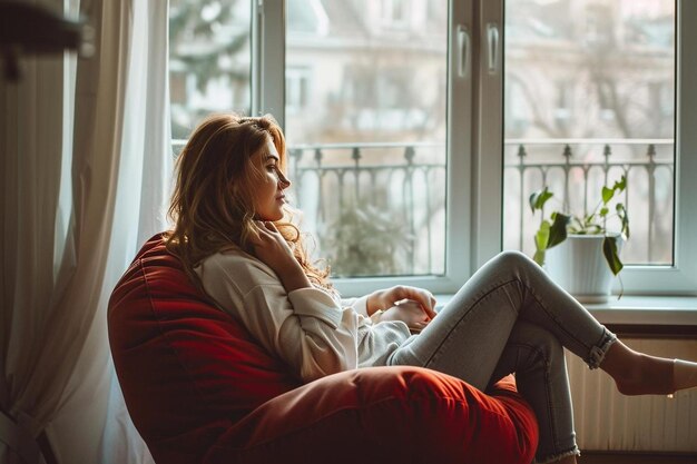 a woman sitting on a bean bag chair in front of a window