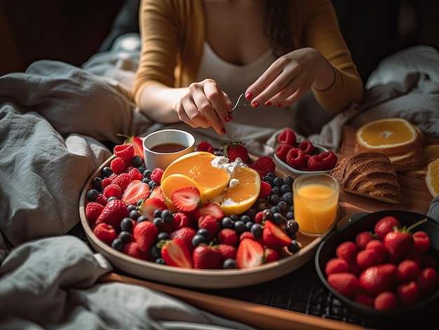 A woman sitting on a bed eating a fruit breakfast