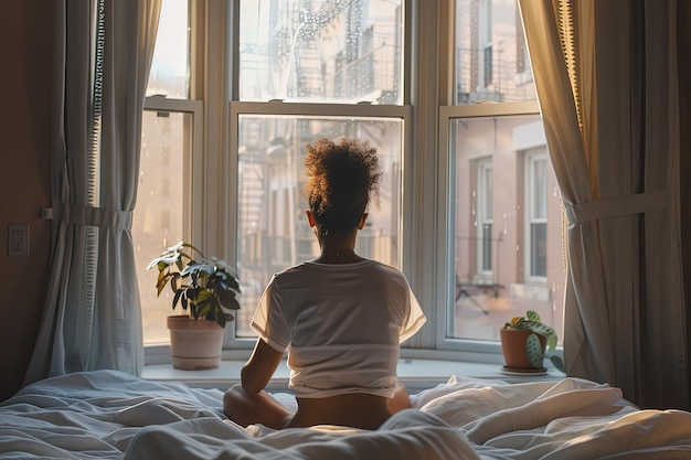 A woman sitting on a bed in front of a window