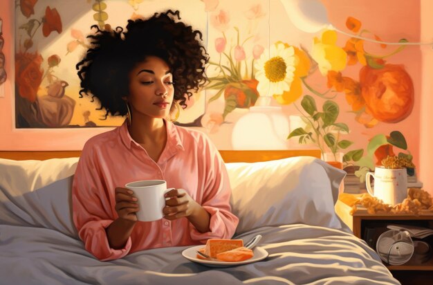 Photo woman sitting on bed holding cup of coffee