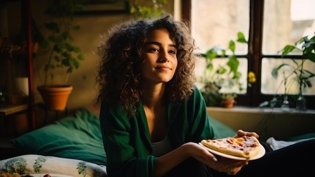 Foto una donna seduta su un letto con in mano una pizza