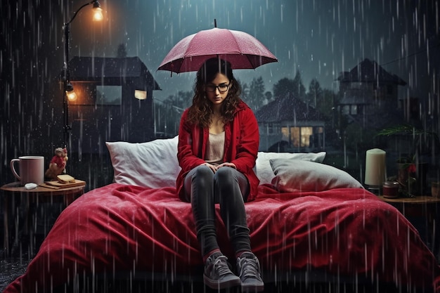 Woman sitting on bed in rain