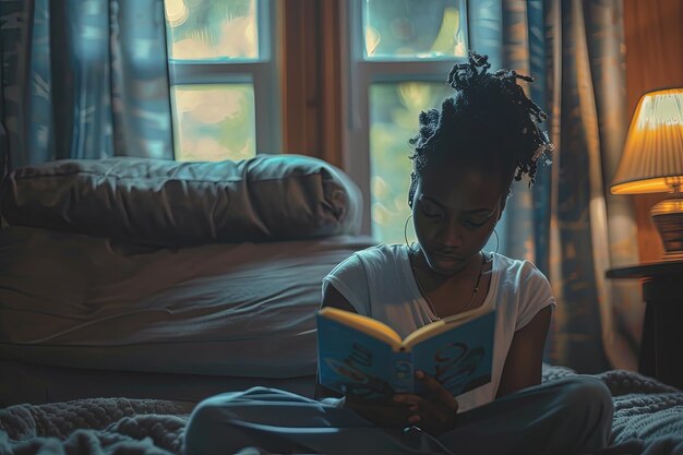 A woman sitting on a bed reading a book