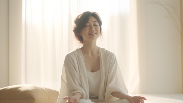 Woman Sitting on Bed in Room