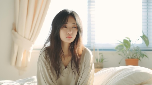 Woman Sitting on Bed Next to Window