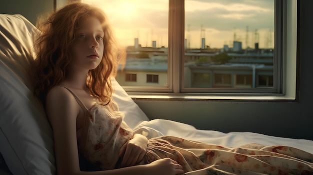 A woman sitting on a bed with a window in the background