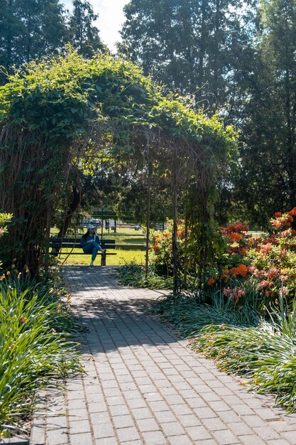 Woman sitting on the bench at city public park reading electronic book