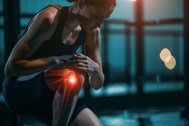 A woman sitting on a bench clutching her thigh in pain