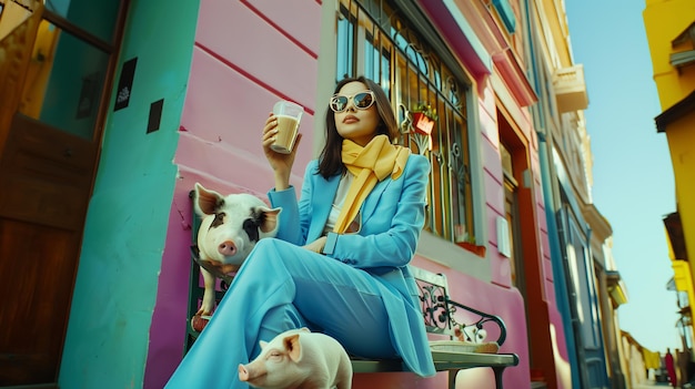 Photo woman sitting on bench next to dog