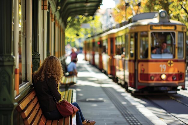 Photo woman sitting on bench in front of trolley