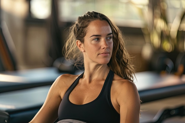 A woman sitting on a bench in a gym