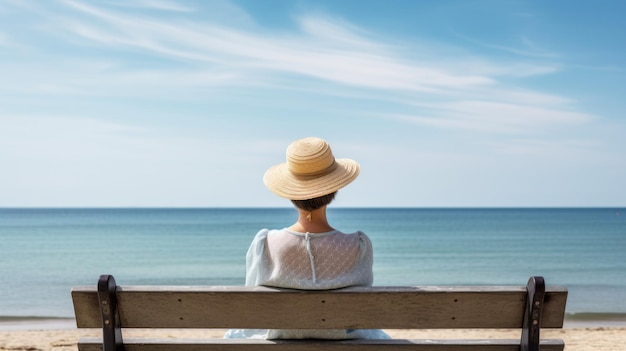 ベンチに座って海を眺める女性