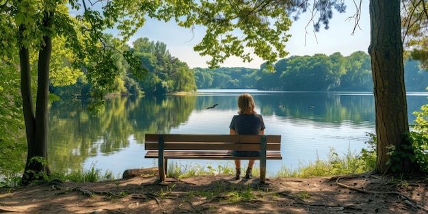 Photo a woman sitting on a bench overlooking a tranquil lake