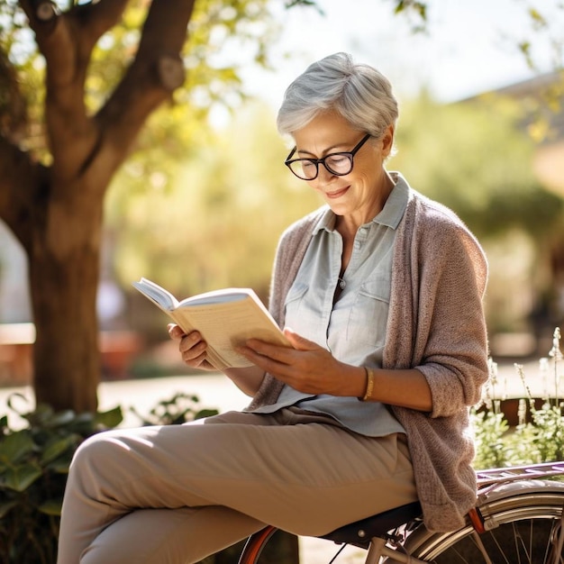 Foto una donna seduta su una panchina a leggere un libro