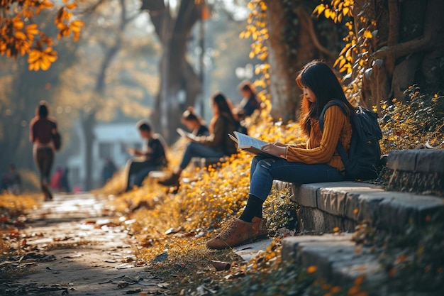 Photo a woman sitting on a bench reading a book