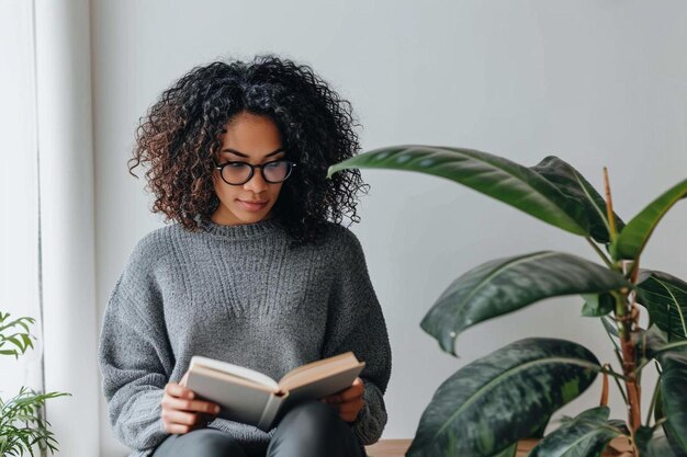 Photo a woman sitting on a bench reading a book