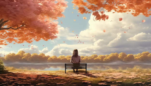 벤치에 앉아 가을에 나무의 노란 잎을 지켜보고 있는 여자