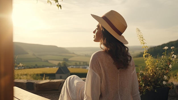 Woman Sitting on Bench Wearing Hat in a Park Valentine Day