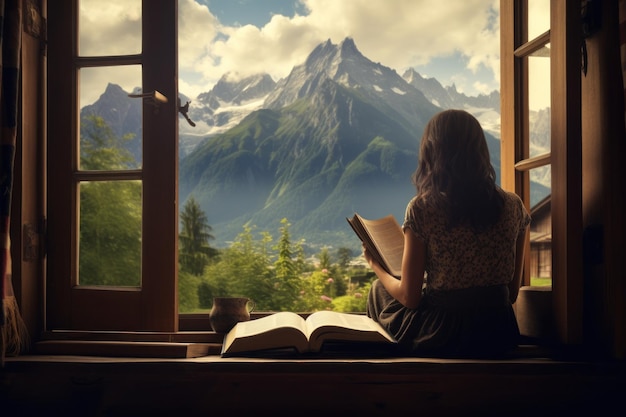 Woman sitting beside window with book Illustration AI GenerativexA