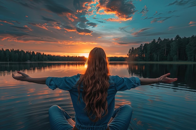 Foto una donna seduta in una barca su un lago al tramonto