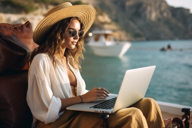 Woman sitting on boat using laptop