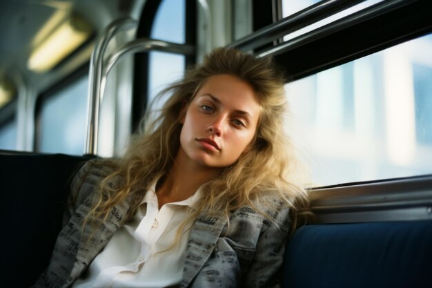 a woman sitting on a bus