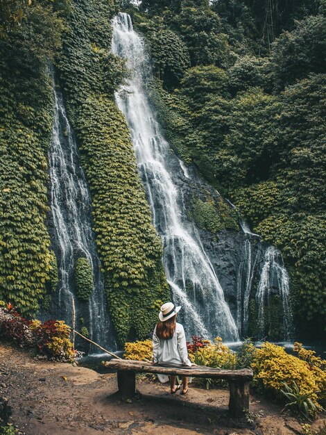 写真 木の向こうのに座っている女性