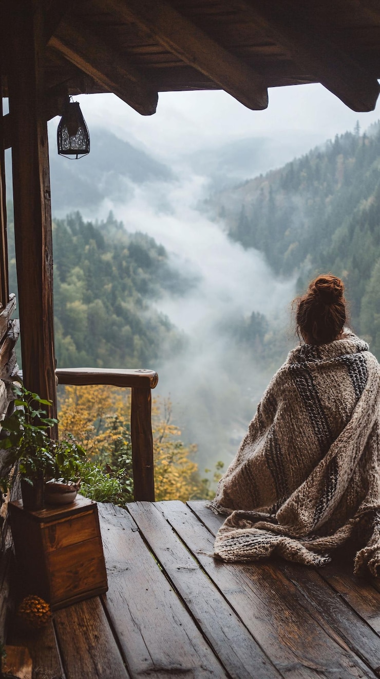 Photo woman sitting on a cabin porch in the misty mountains