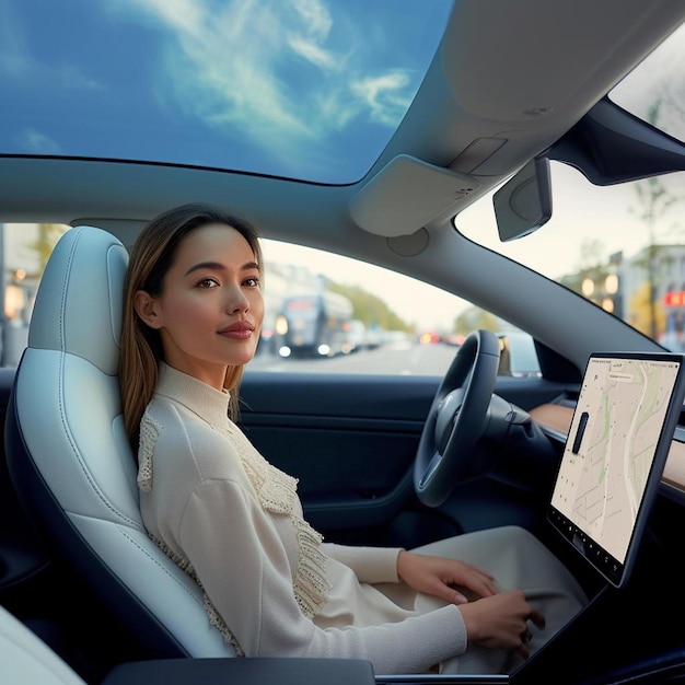 a woman sitting in a car using a laptop