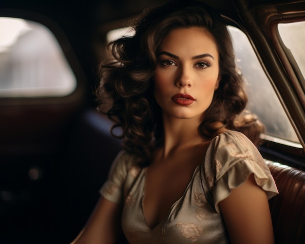 a woman sitting in a car wearing a dress