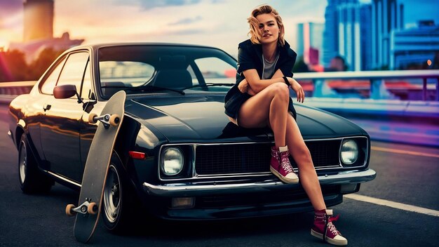 Photo woman sitting at car with skateboard