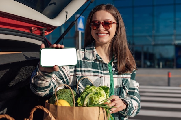 食料品でいっぱいの買い物紙袋を持って車のトランクに座っている女性