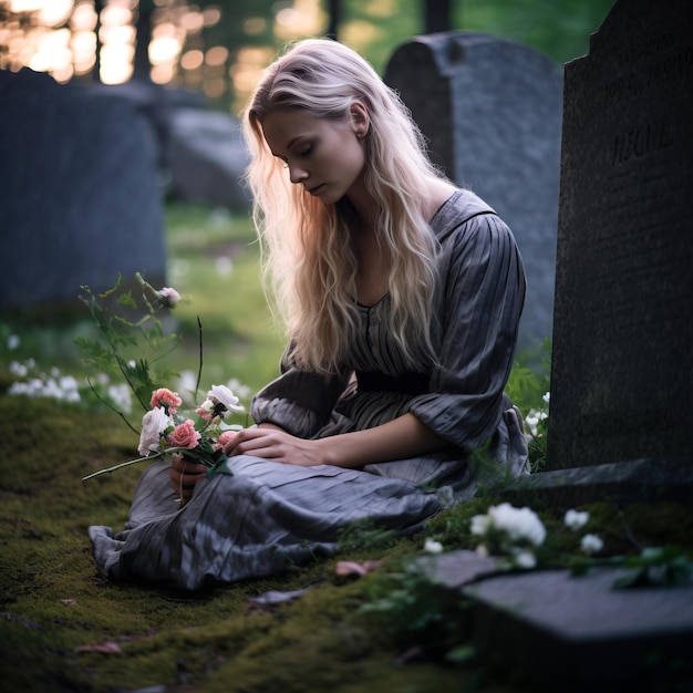 a woman sitting in a cemetery with flowers