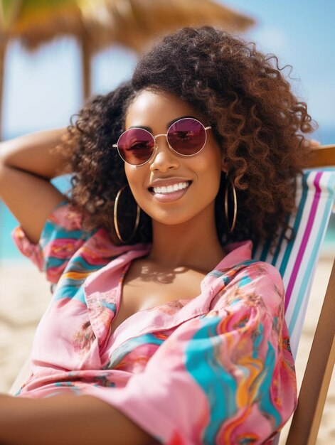 A woman sitting in a chair on the beach