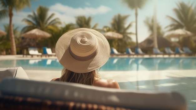 A woman sitting in a chair next to a pool