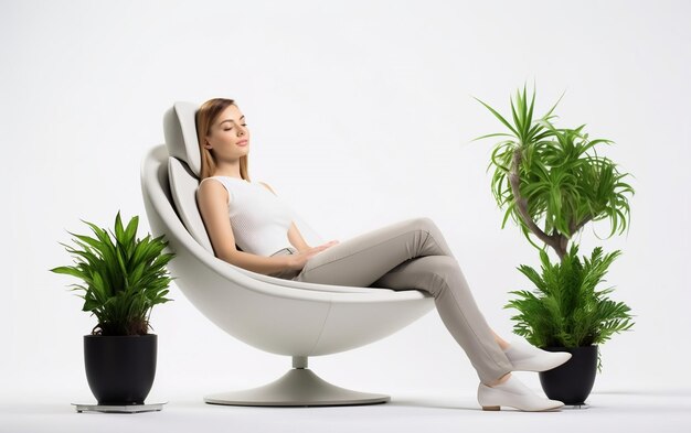 Photo woman sitting in chair next to potted plant