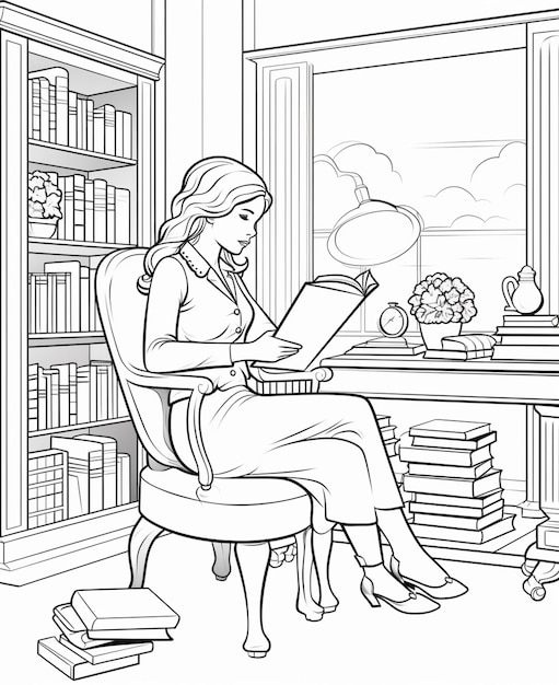 a woman sitting in a chair reading a book in a library generative ai