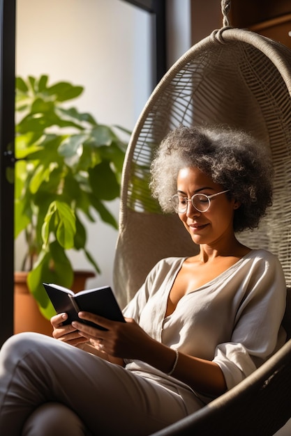 Woman sitting in chair reading book and smiling at the camera Generative AI