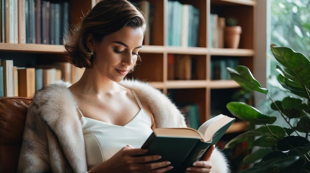 Foto donna seduta su una sedia che legge un libro