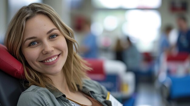 Photo a woman sitting in a chair smiling at the camera ai