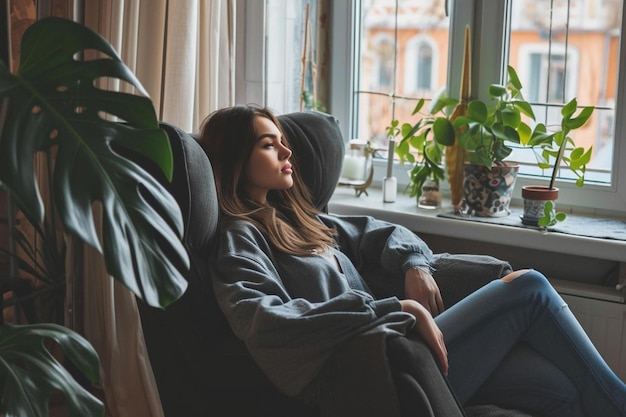 a woman sitting in a chair next to a window